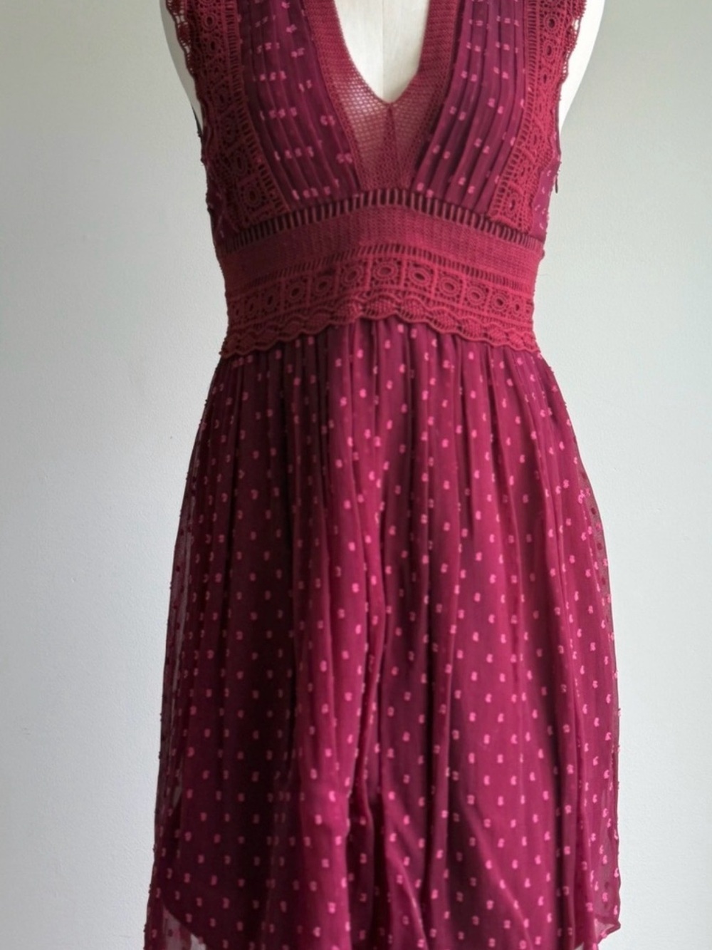 Anthropologie Rana Gill Elegant Burgundy Lace and Crochet V-Neck Dress